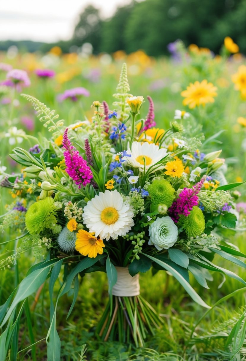 A vibrant mix of wildflowers and lush greenery arranged in a flowing, organic style, creating a lively and cheerful summer meadow wedding bouquet