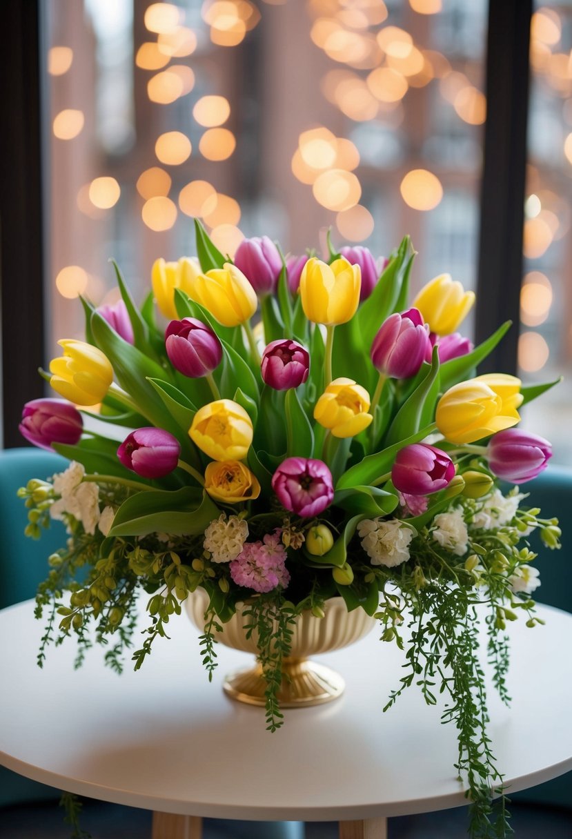 A vibrant bouquet of spring tulips arranged in an elegant, cascading style with complementary greenery and accents