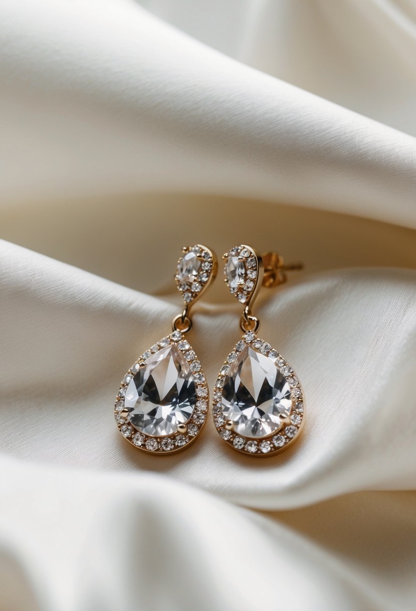 A pair of delicate teardrop wedding earrings, adorned with shimmering crystals, resting on a bed of soft white silk fabric