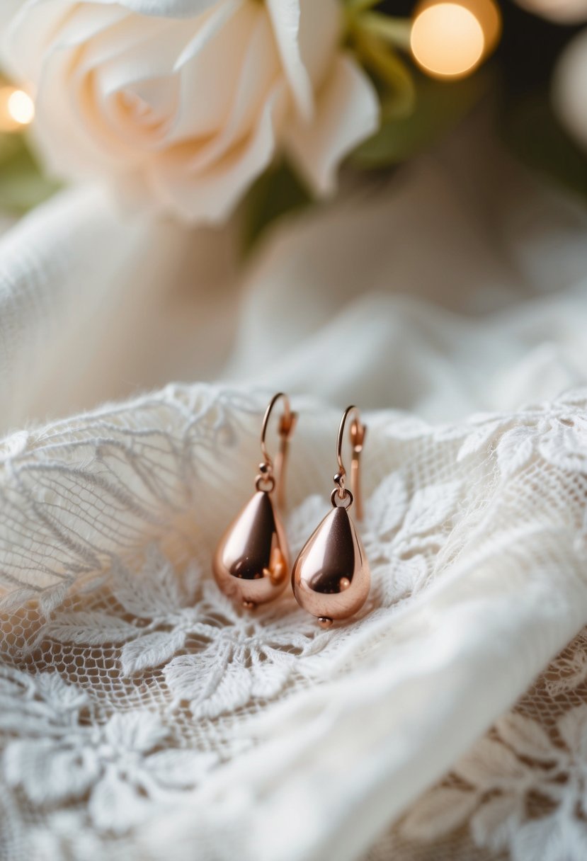 A delicate pair of vintage rose gold teardrop earrings resting on a lace fabric with soft lighting