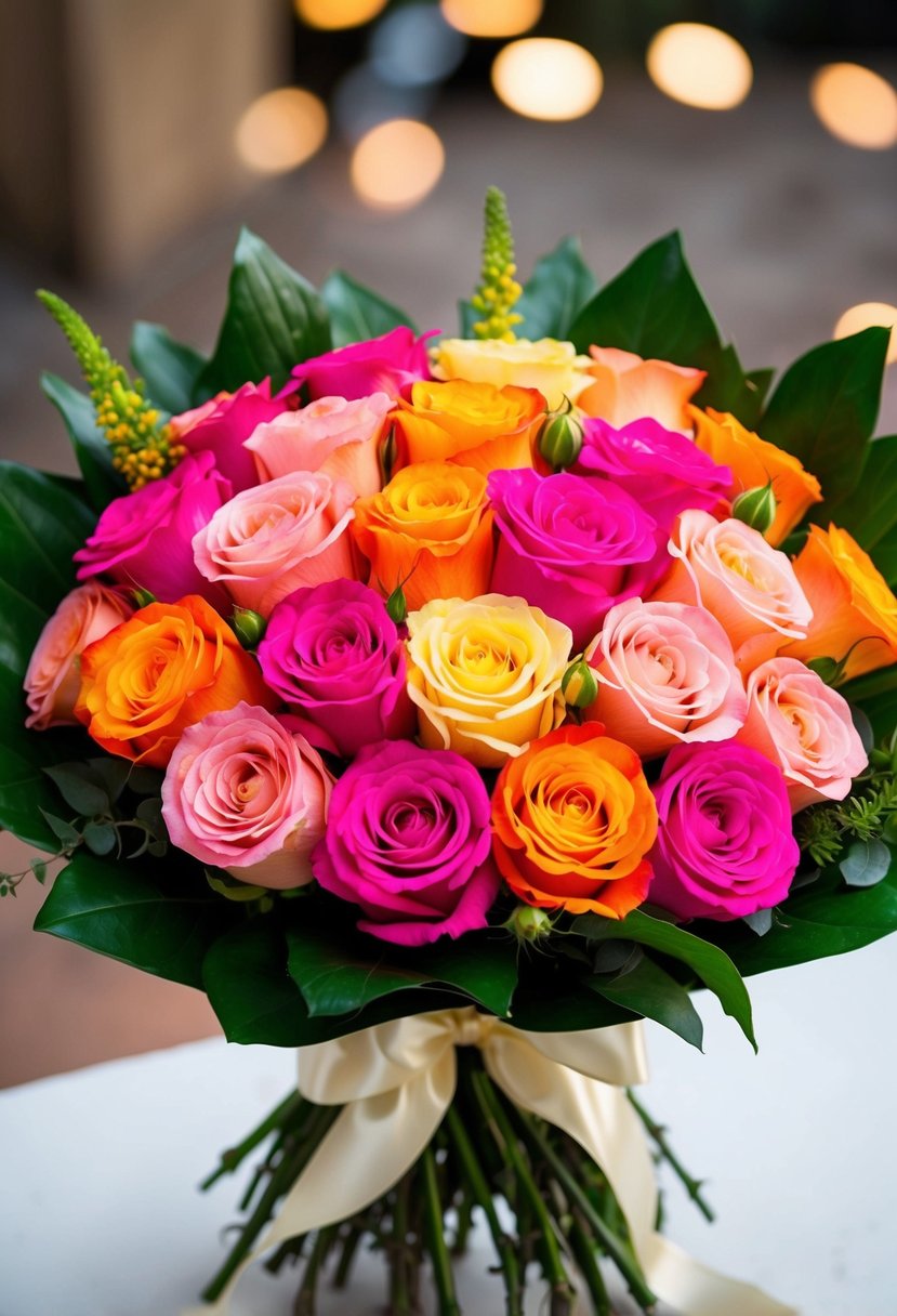 A vibrant bouquet of Sahara Roses in bright pinks, oranges, and yellows, arranged with green foliage and tied with a satin ribbon