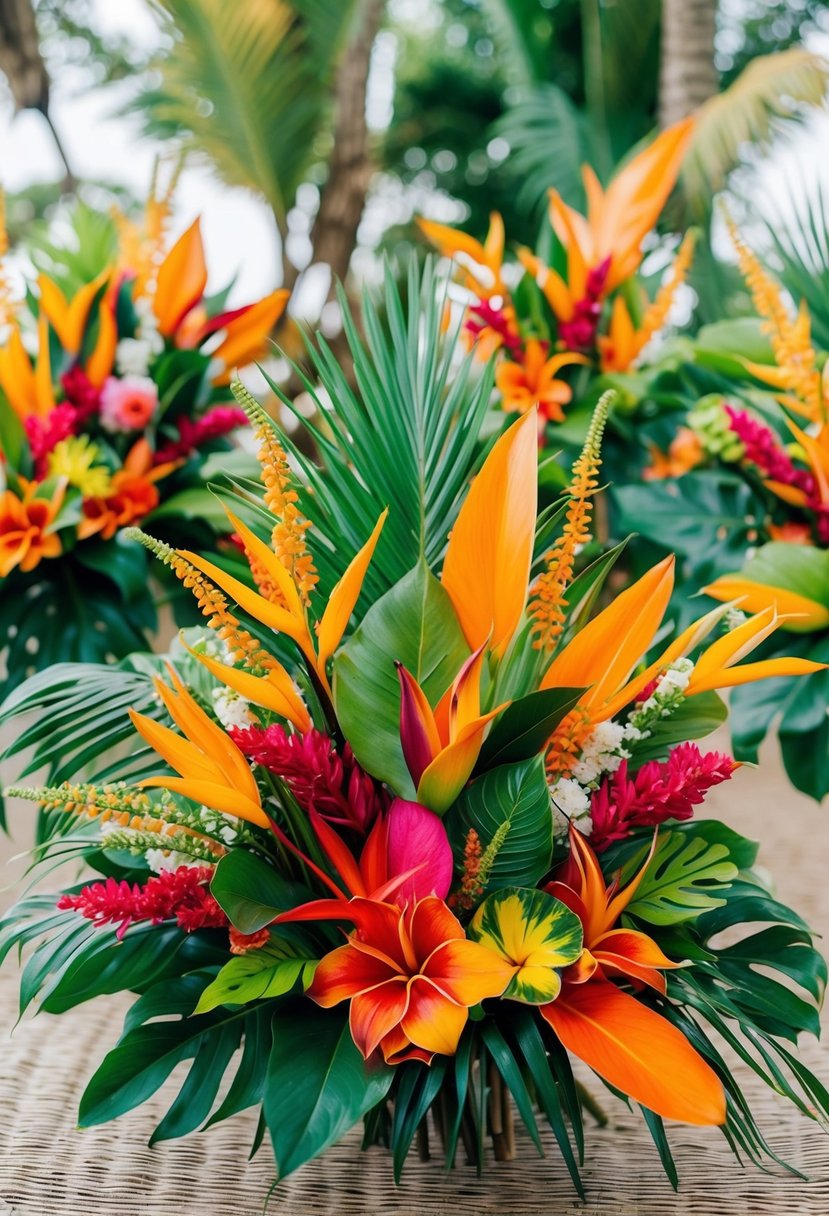 A vibrant array of tropical flowers and foliage arranged in a festive wedding bouquet