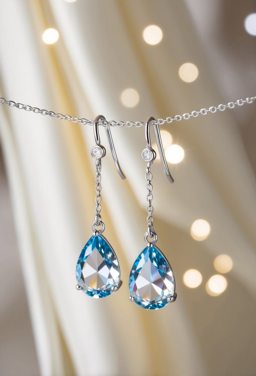 A pair of pavé crystal teardrop earrings suspended from a delicate silver chain, catching the light and sparkling against a backdrop of soft, flowing fabric