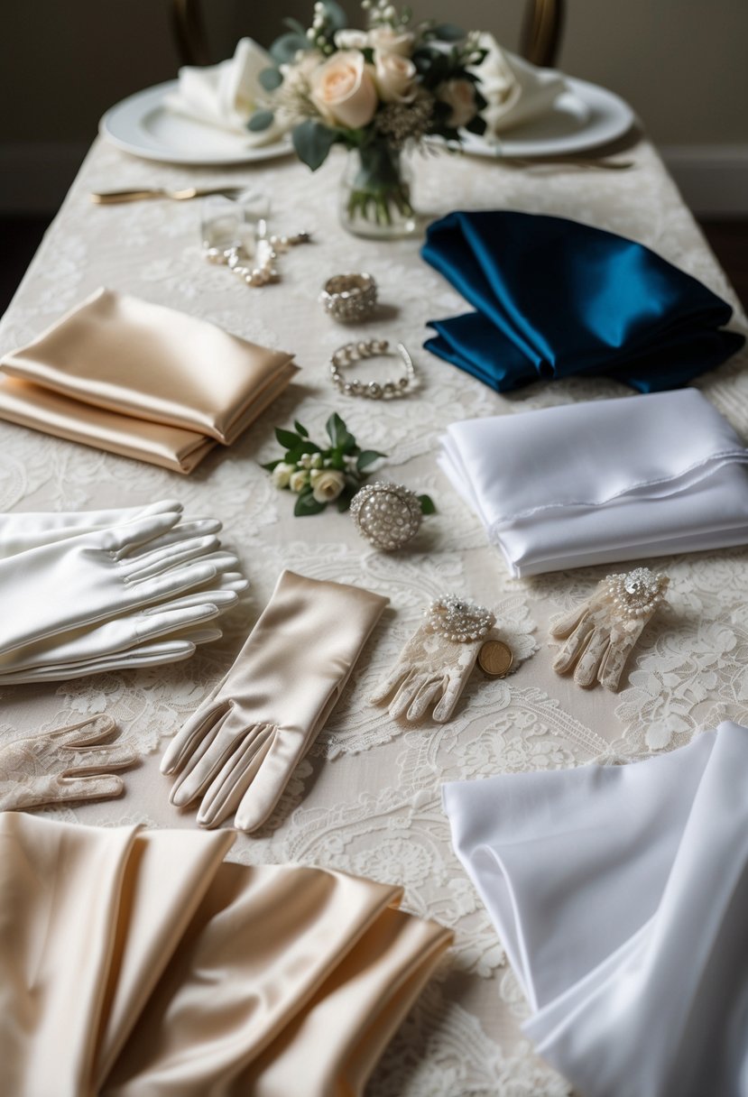 A table covered in lace, silk, and satin fabric swatches, with elegant glove options and bridal accessories scattered around