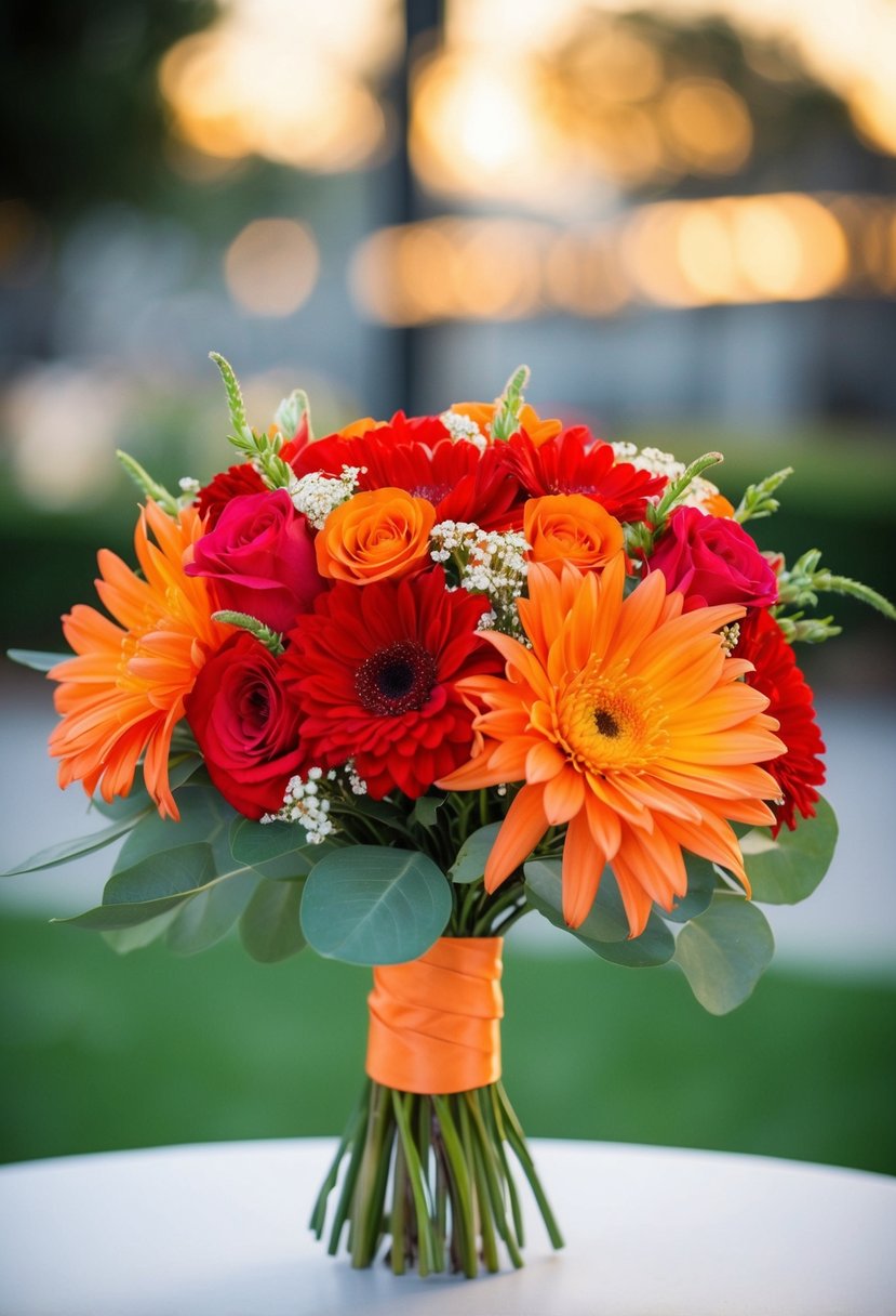 A vibrant wedding bouquet featuring a mix of classic red and orange flowers, tied together with a satin ribbon