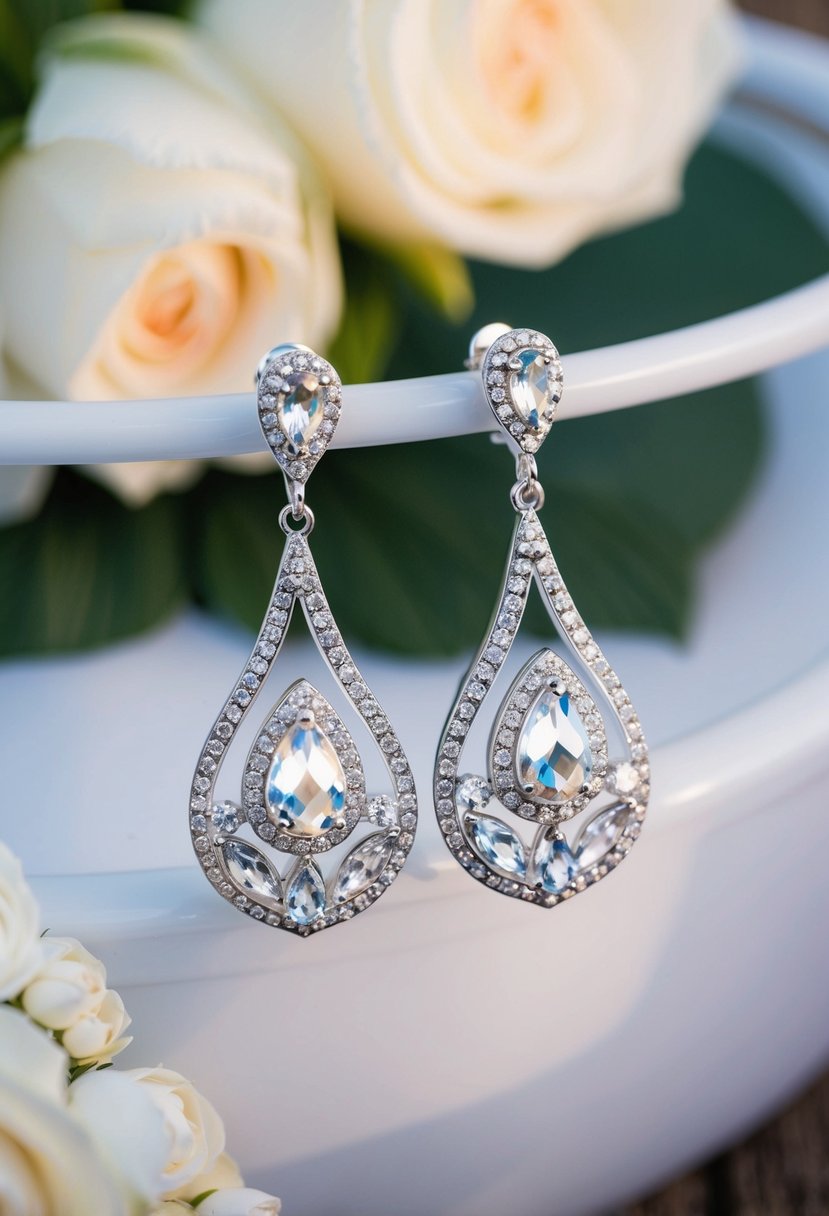 A pair of teardrop-shaped earrings with intricate pearl and crystal designs, catching the light in a romantic wedding setting