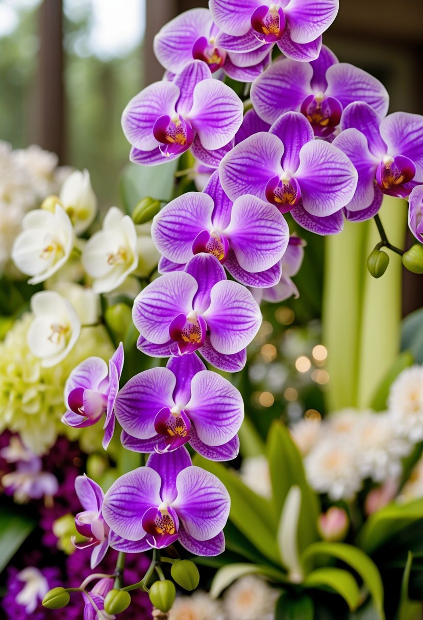 A vibrant collection of elegant orchids arranged in a cascading wedding bouquet, featuring a variety of colors and delicate blooms