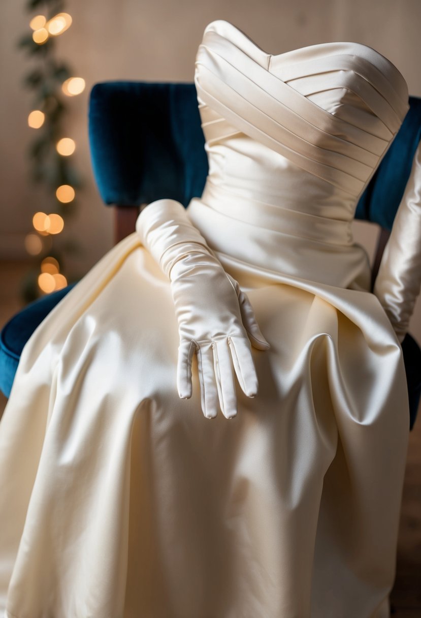 A strapless gown with classic satin opera gloves draped over a chair