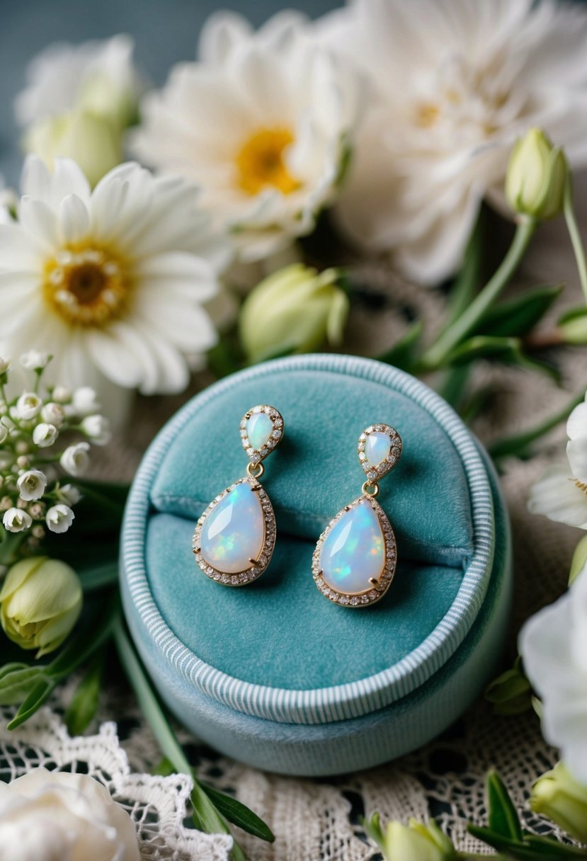 Opal teardrop earrings displayed on a velvet cushion, surrounded by delicate lace and fresh flowers