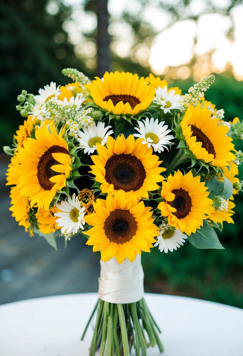 A vibrant explosion of sunflowers and daisies in a wedding bouquet