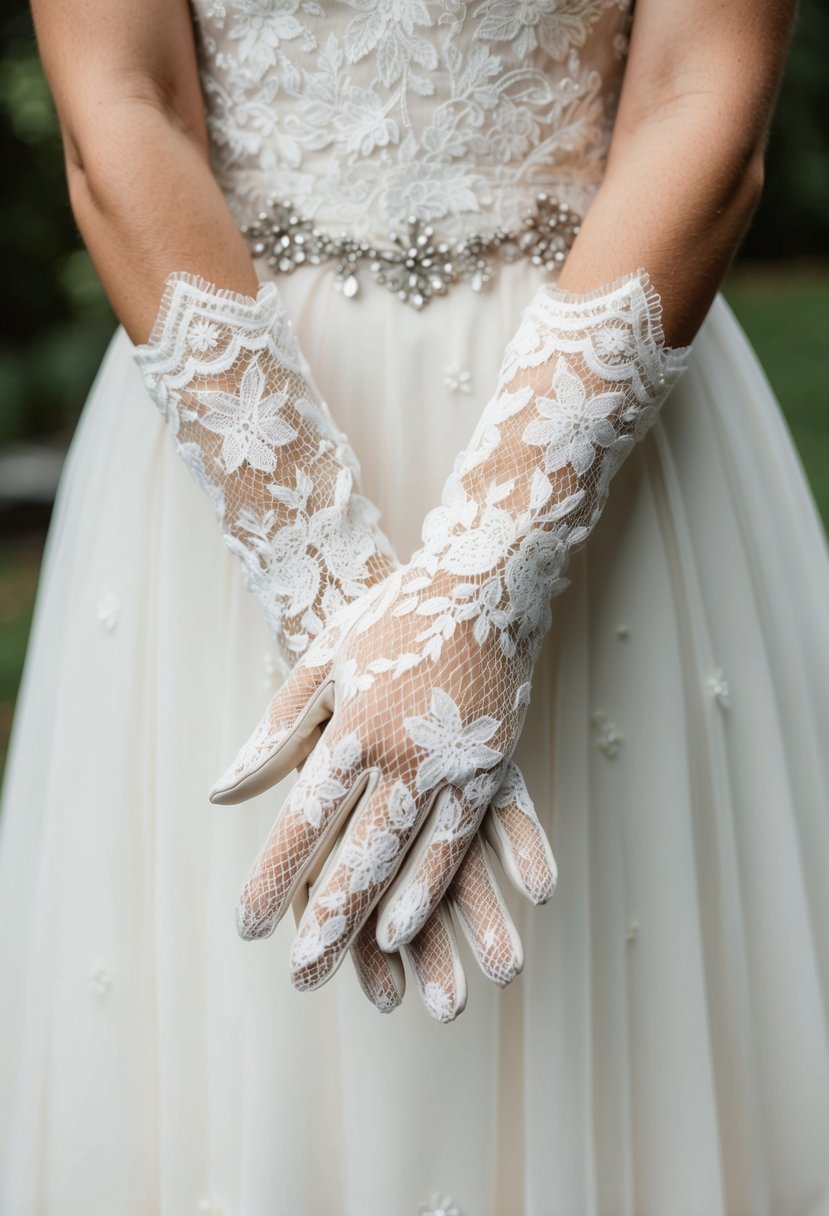 A pair of delicate lace gloves draped over a vintage-inspired wedding dress