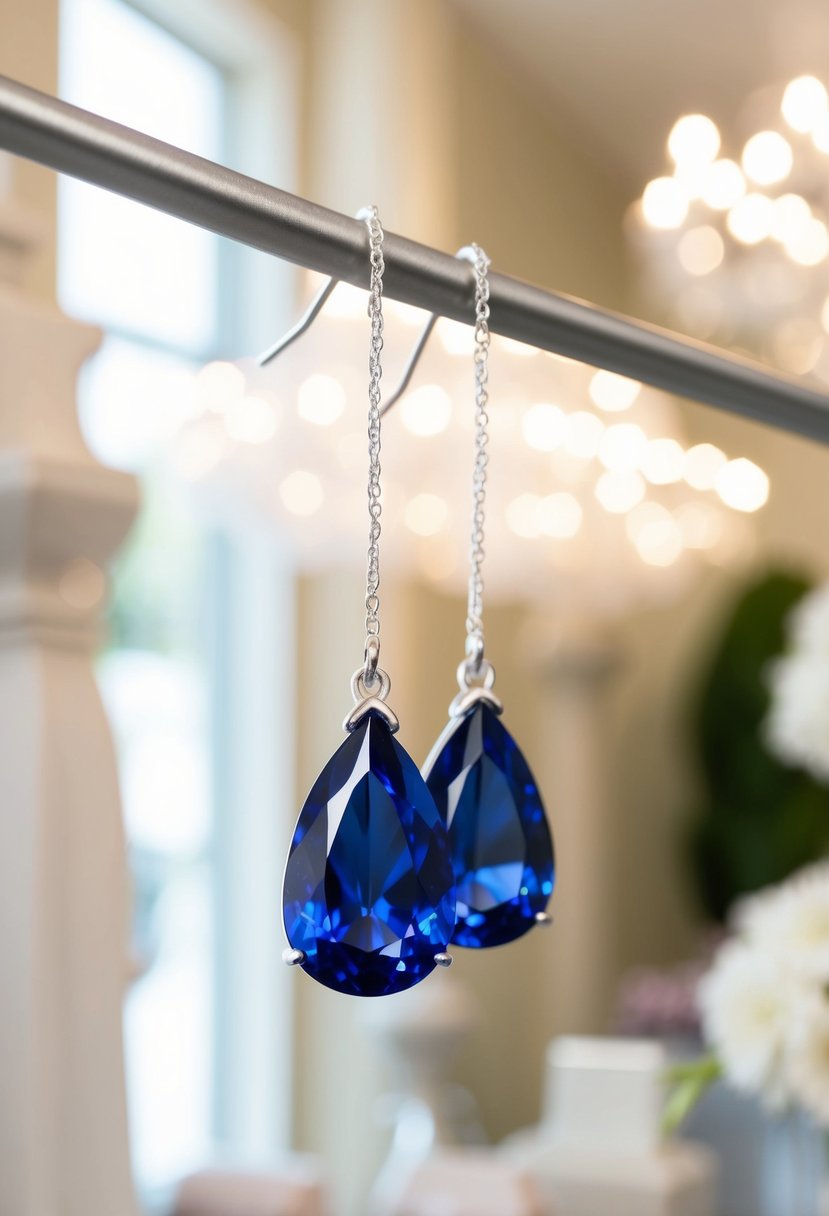 A pair of teardrop-shaped sapphire earrings, hanging from a delicate silver chain, catching the light in a softly lit bridal boutique