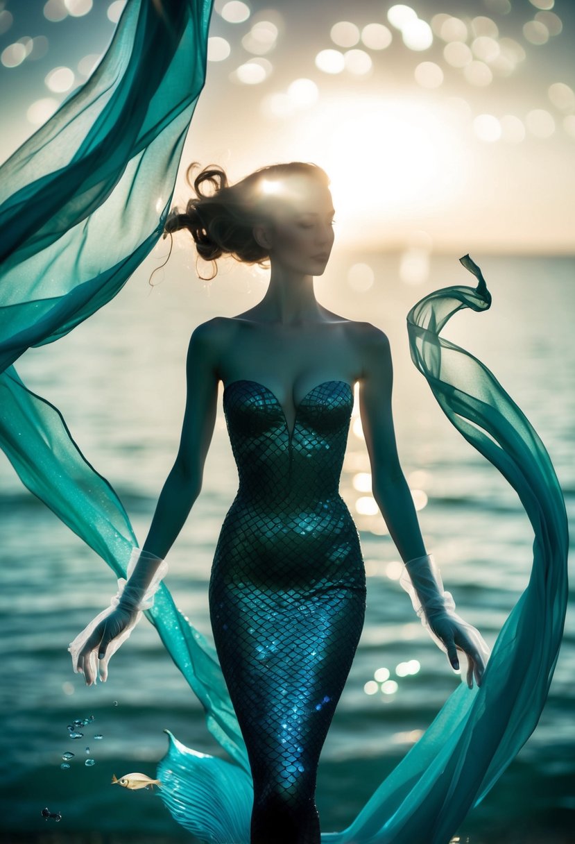 A modern mermaid silhouette wearing sheer gloves, surrounded by flowing fabric and ocean-inspired elements