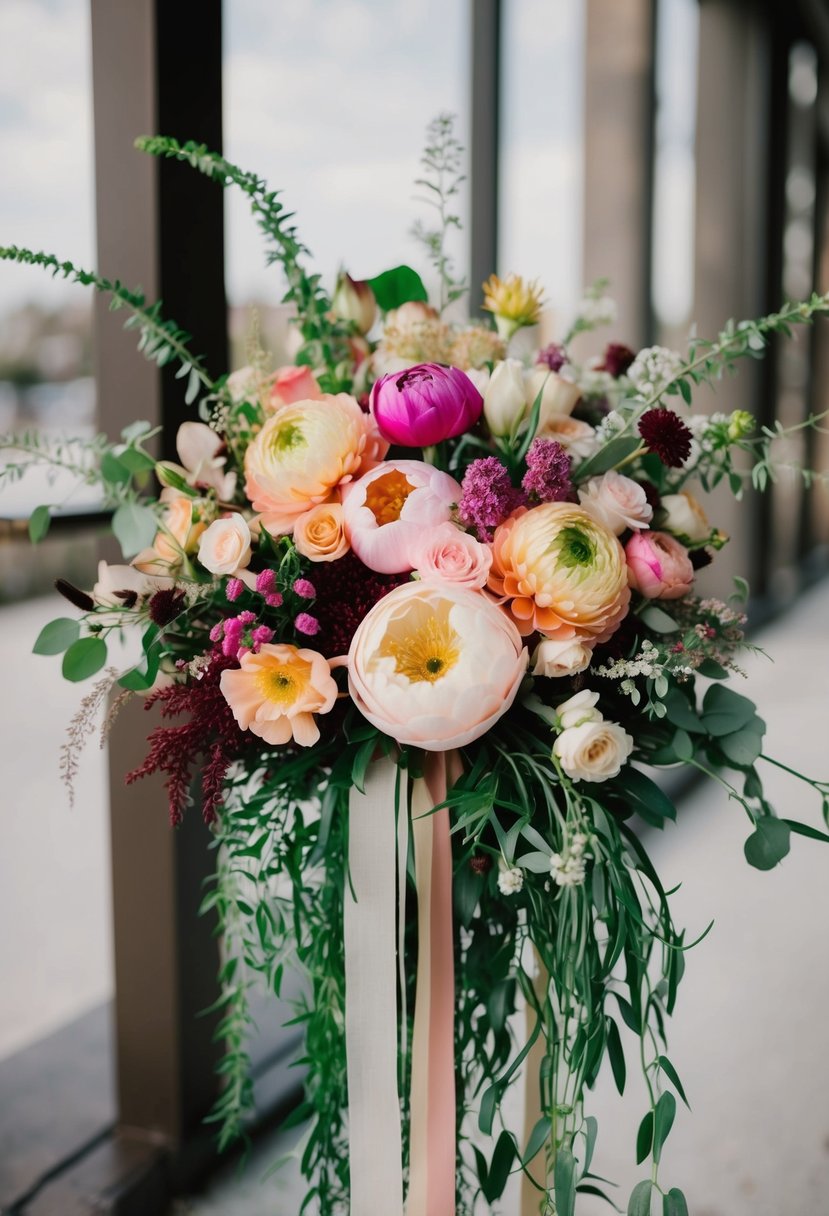 A vibrant bouquet of modern boho blooms in a mix of bold and pastel colors, with cascading greenery and delicate ribbons