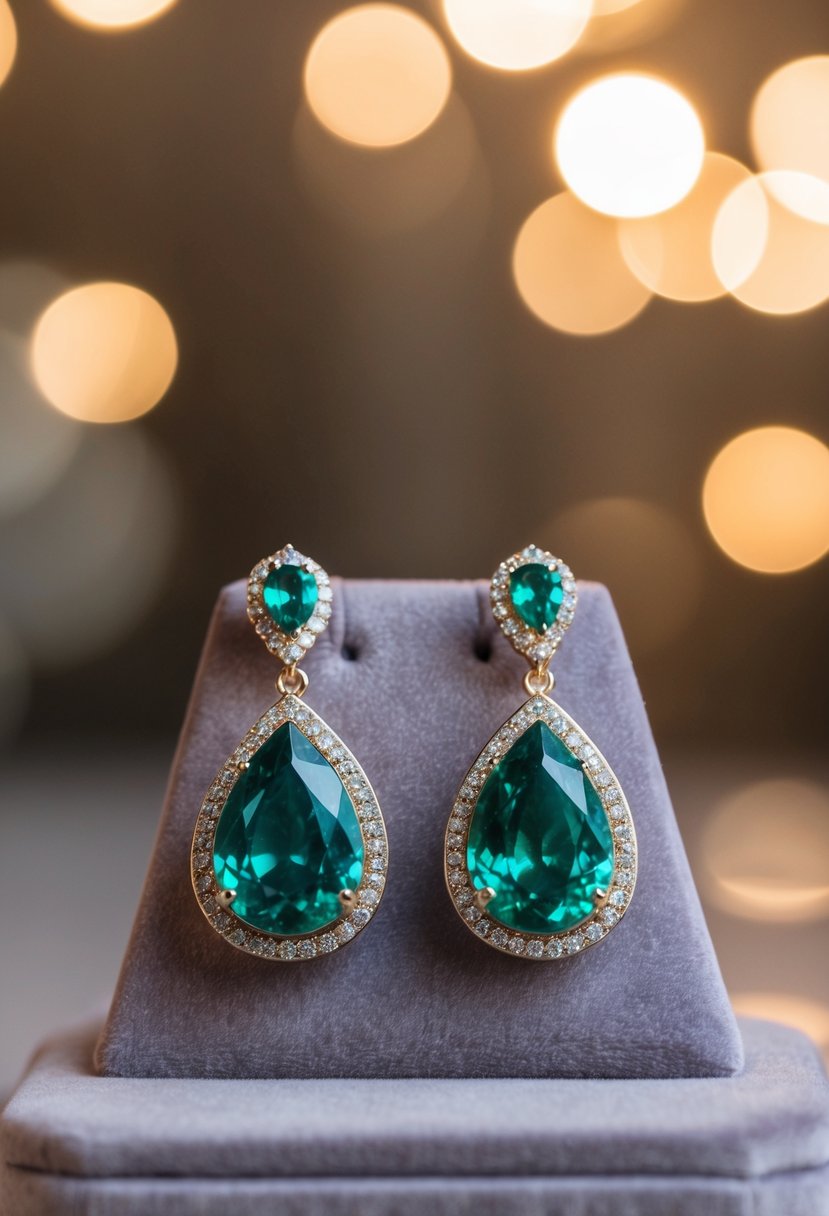 A sparkling emerald teardrop earring set displayed on a velvet cushion under soft, warm lighting