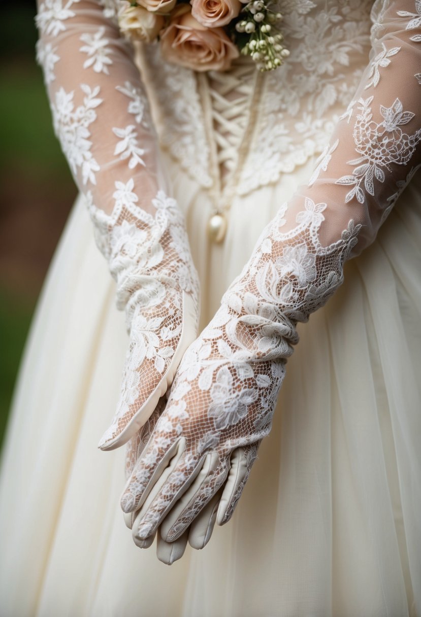 Delicate lace gloves draped over a vintage wedding dress