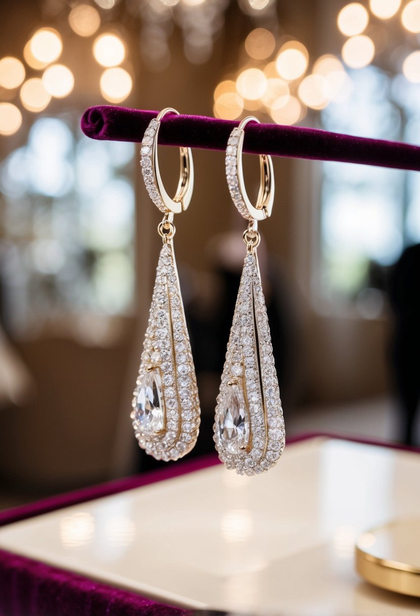 Sparkling teardrop earrings hang from a luxurious velvet display, catching the light in a glamorous bridal setting