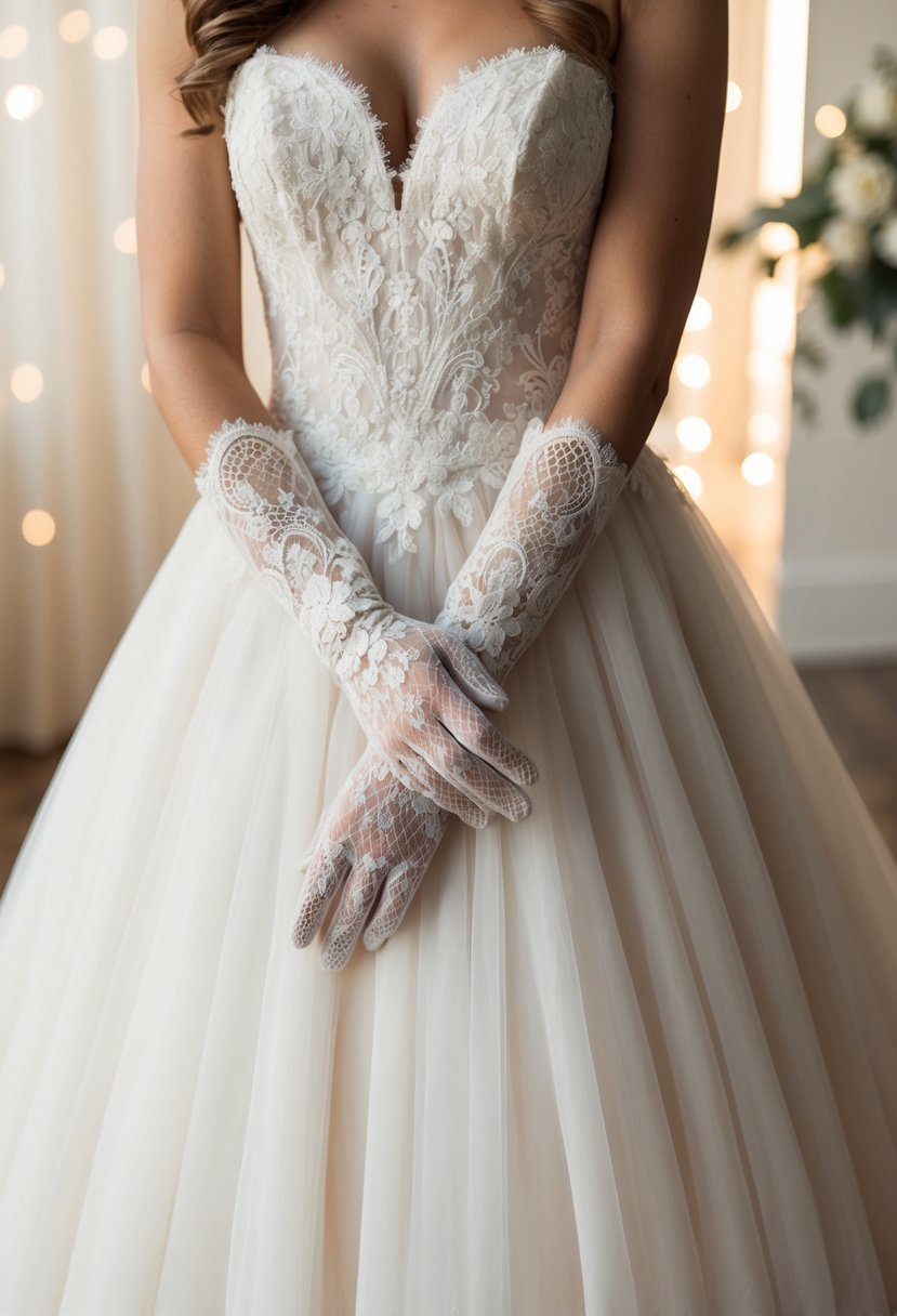 A pair of delicate lace gloves draped over a flowing ball gown, creating an elegant and romantic wedding dress idea