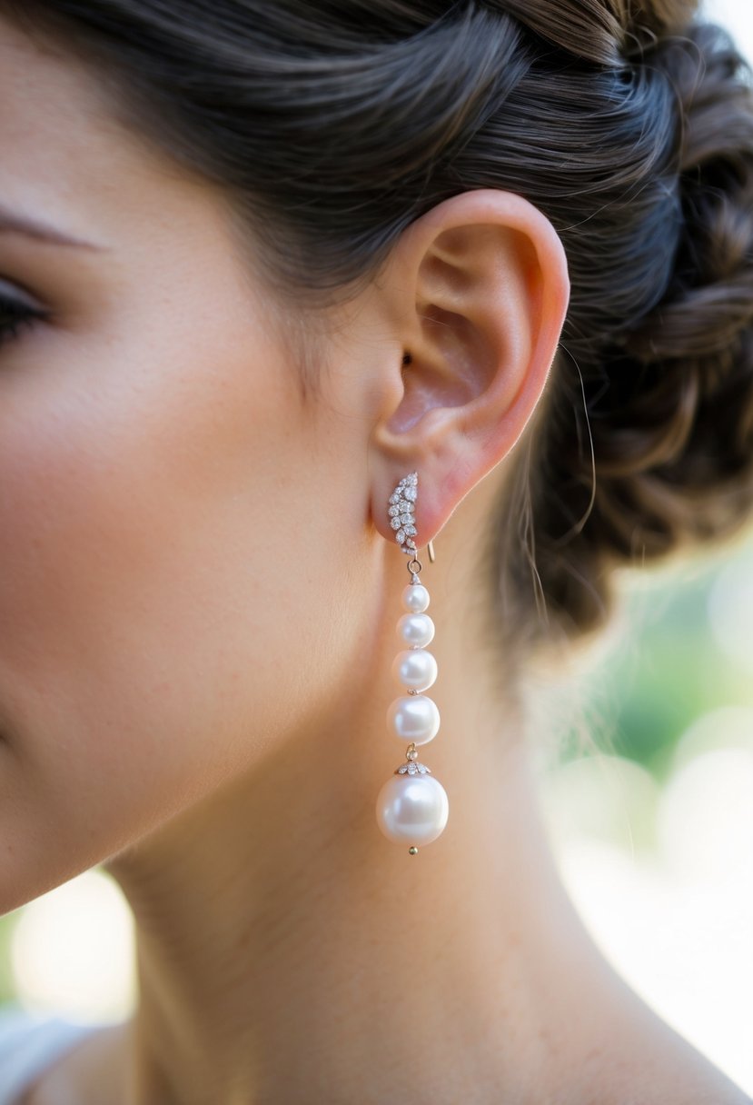 A bride's delicate ear adorned with lustrous pearl drop earrings, reflecting light in a romantic wedding setting