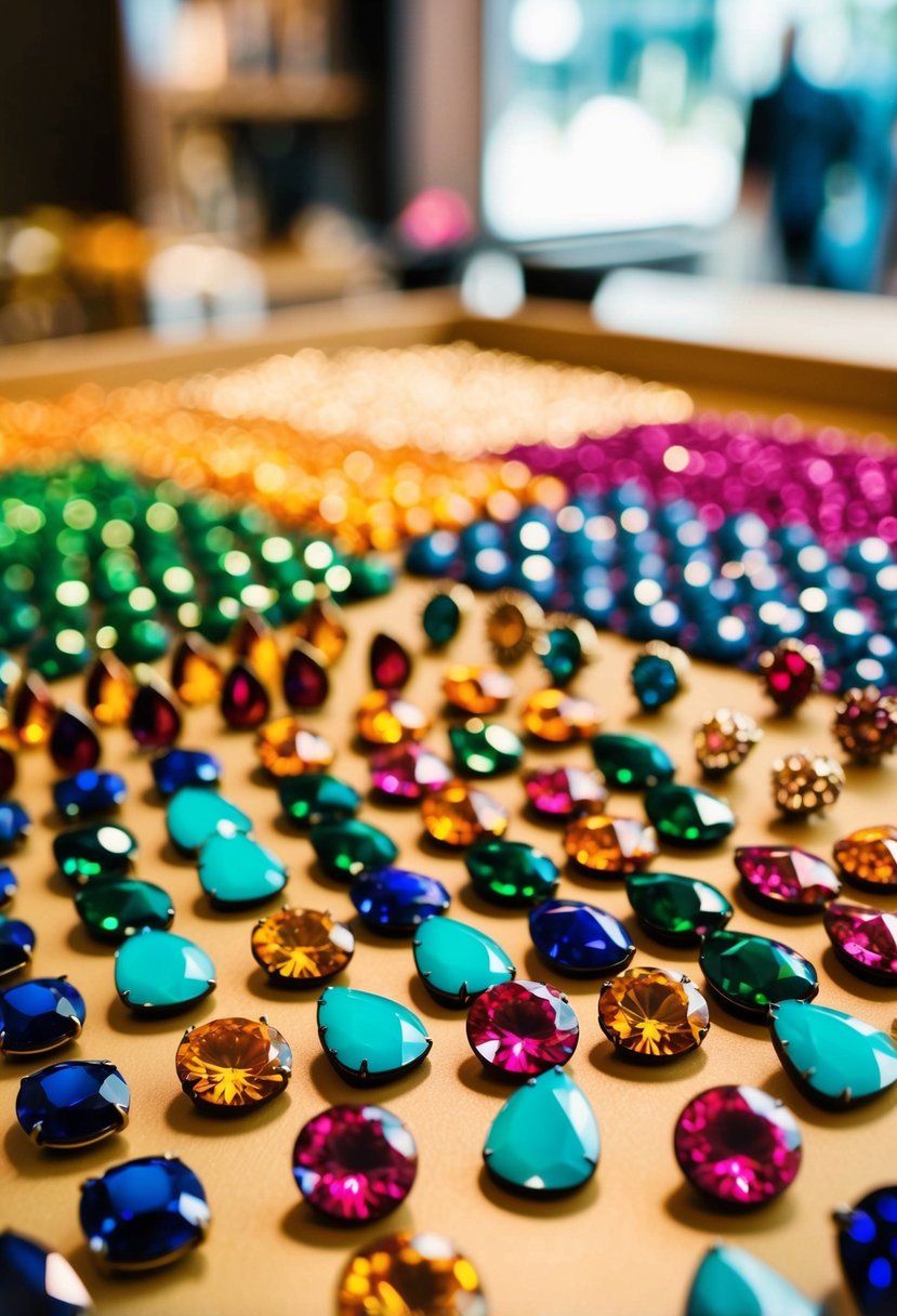 A table covered in colorful gemstones and teardrop-shaped earrings arranged in an artistic display