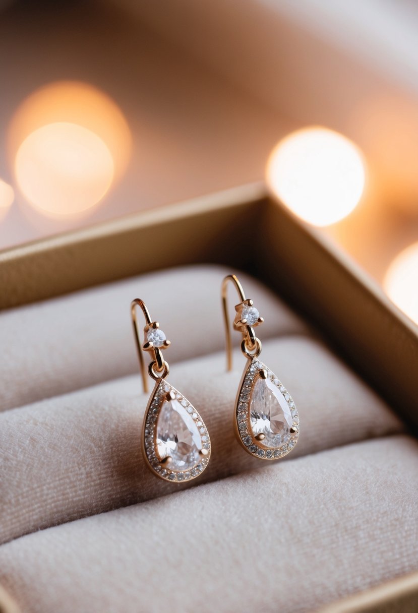 Two delicate teardrop-shaped earrings with petite diamond accents, resting on a soft velvet cushion under soft, warm lighting