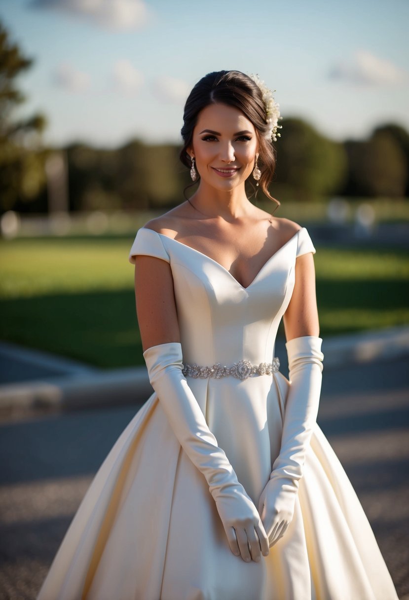 A bride in a flowing A-line dress wears elegant elbow-length gloves, adding a romantic touch to her wedding ensemble