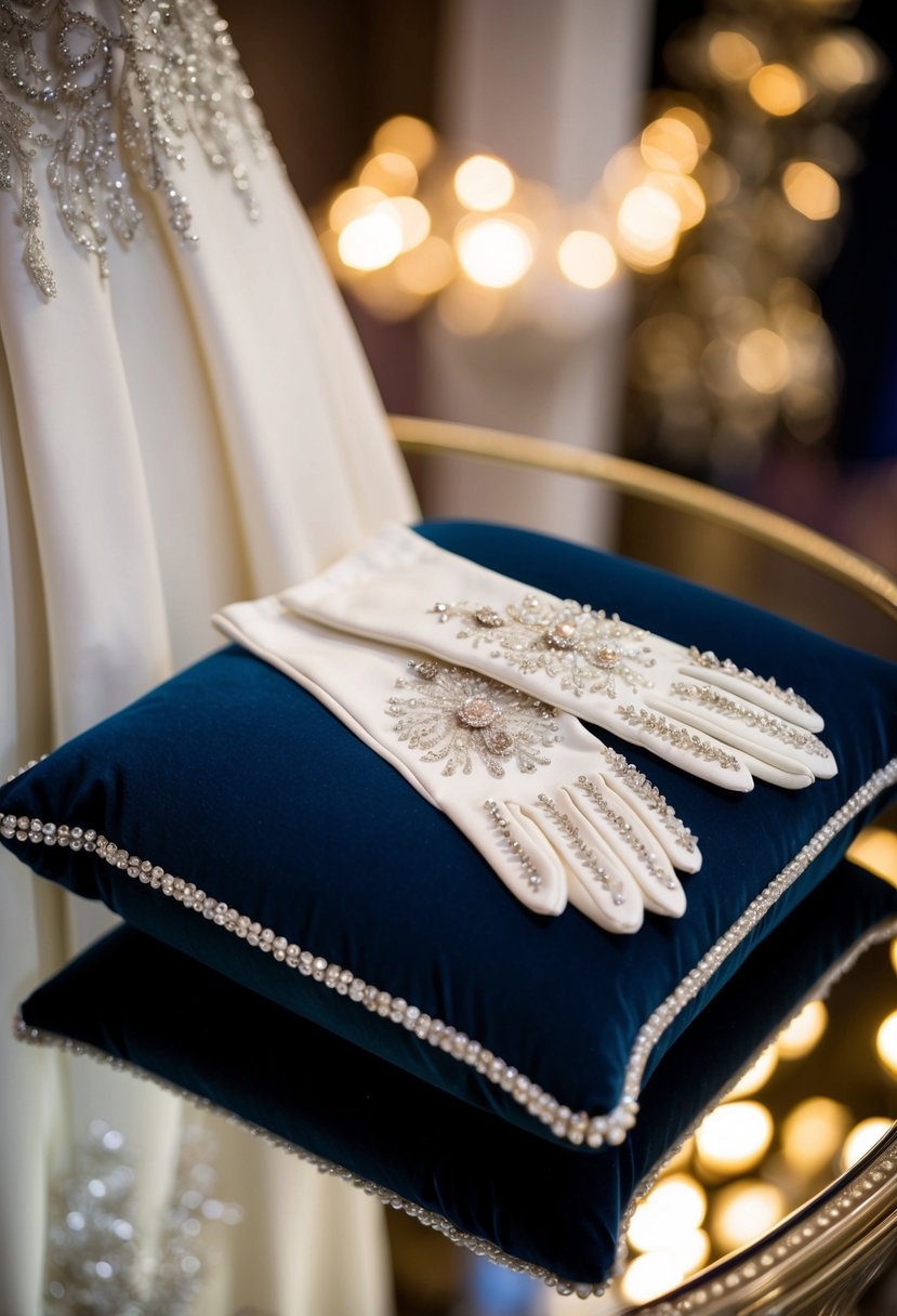 A pair of elegant, embellished gloves rests on a luxurious velvet cushion, catching the light and adding a glamorous touch to the wedding dress display