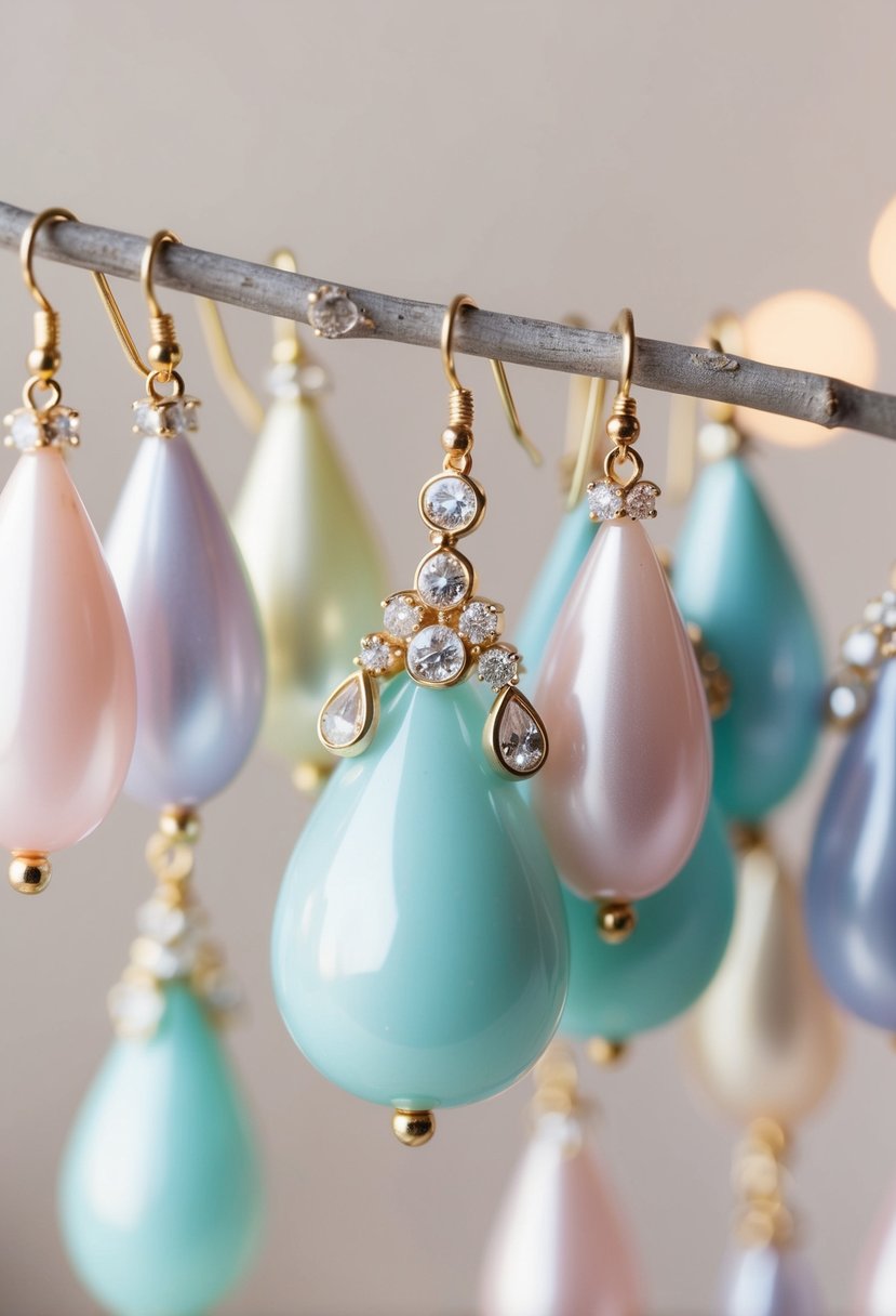 A delicate assemblage of pastel teardrop beads arranged in a wedding earring design