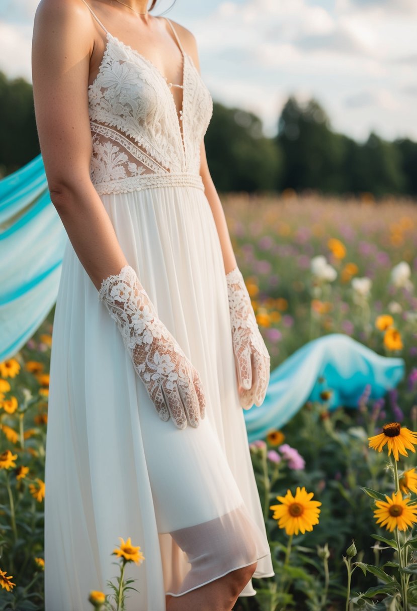 A bohemian-inspired wedding dress paired with short lace gloves, set against a backdrop of wildflowers and flowing fabric