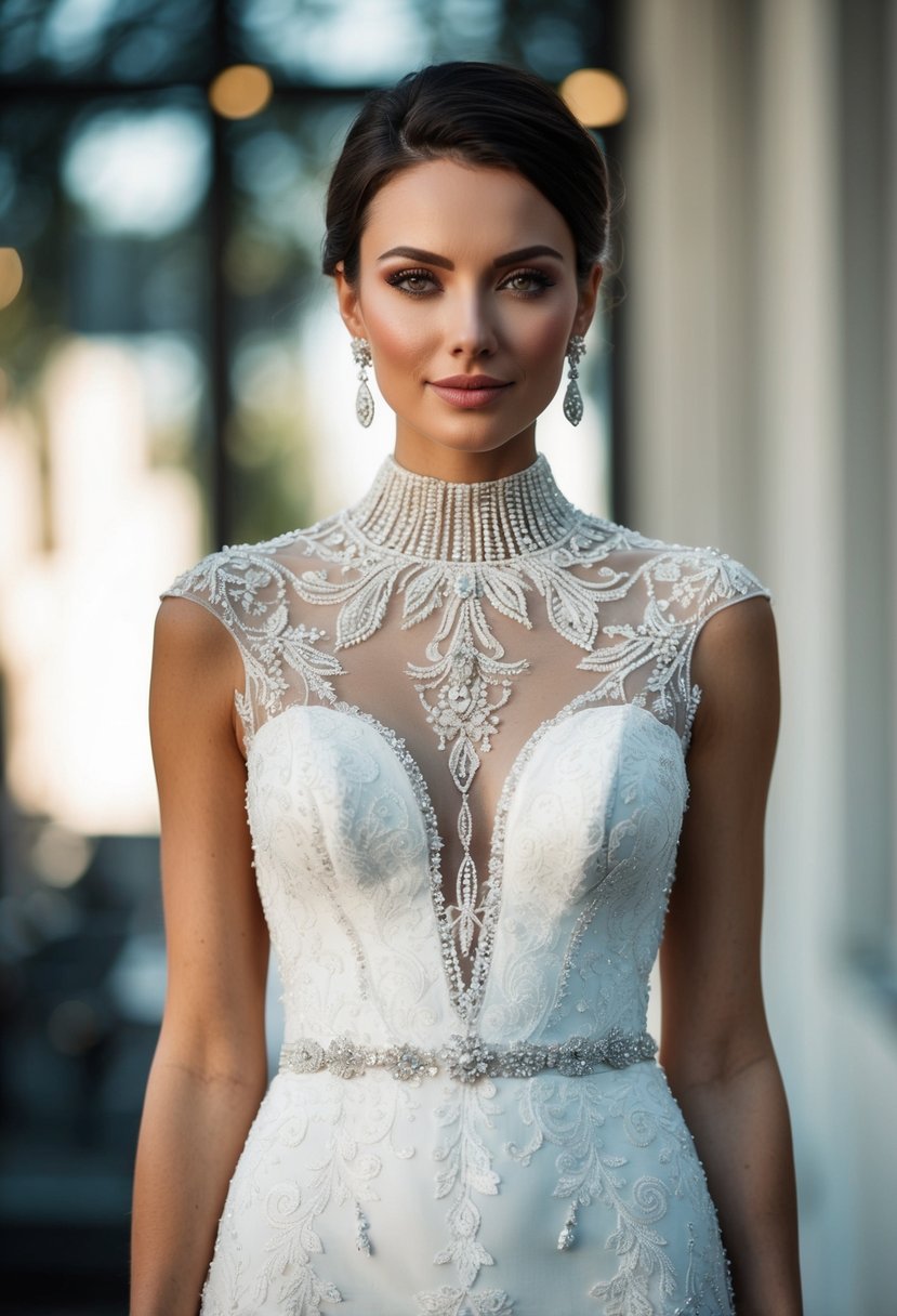 A high-neck lace wedding dress with intricate beading, paired with elegant drop earrings