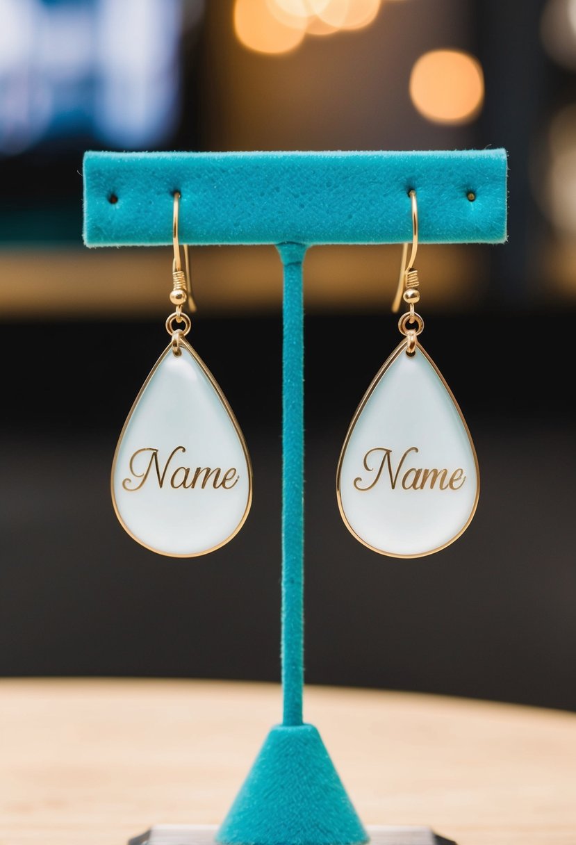 Two teardrop-shaped earrings with custom names engraved, hanging on a display stand