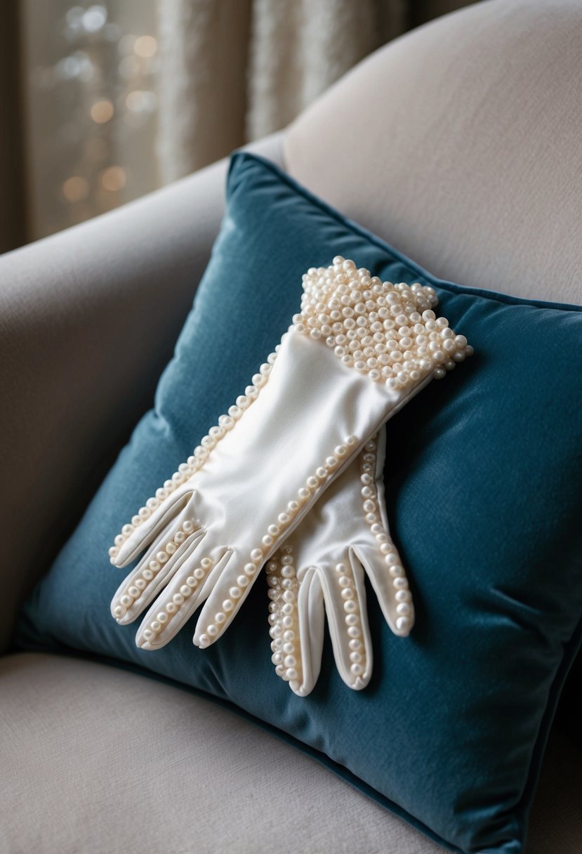 A pair of elegant pearl-studded gloves lays delicately on a plush velvet cushion, exuding an air of sophistication and luxury