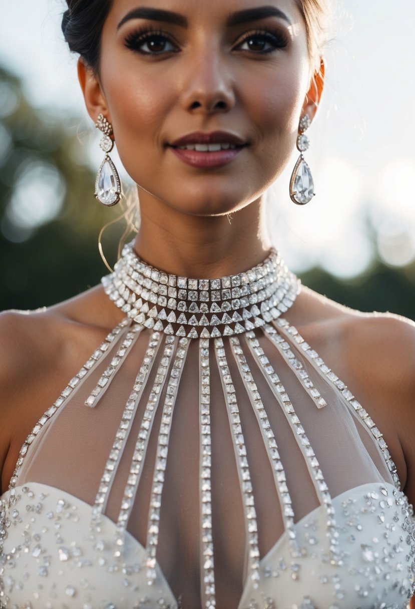 A high-necked dress adorned with crystal studs catches the light, paired with elegant wedding earrings