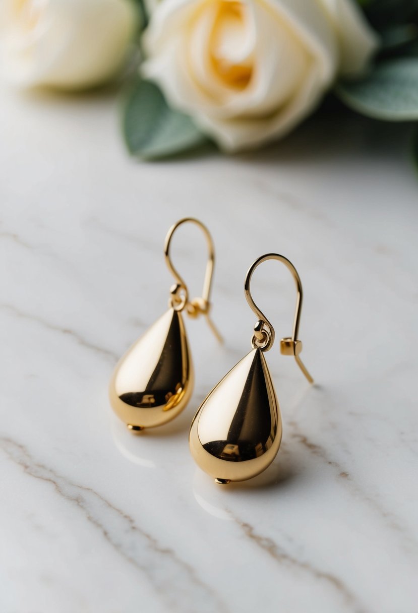 A pair of elegant gold teardrop earrings on a white marble surface with soft, natural light