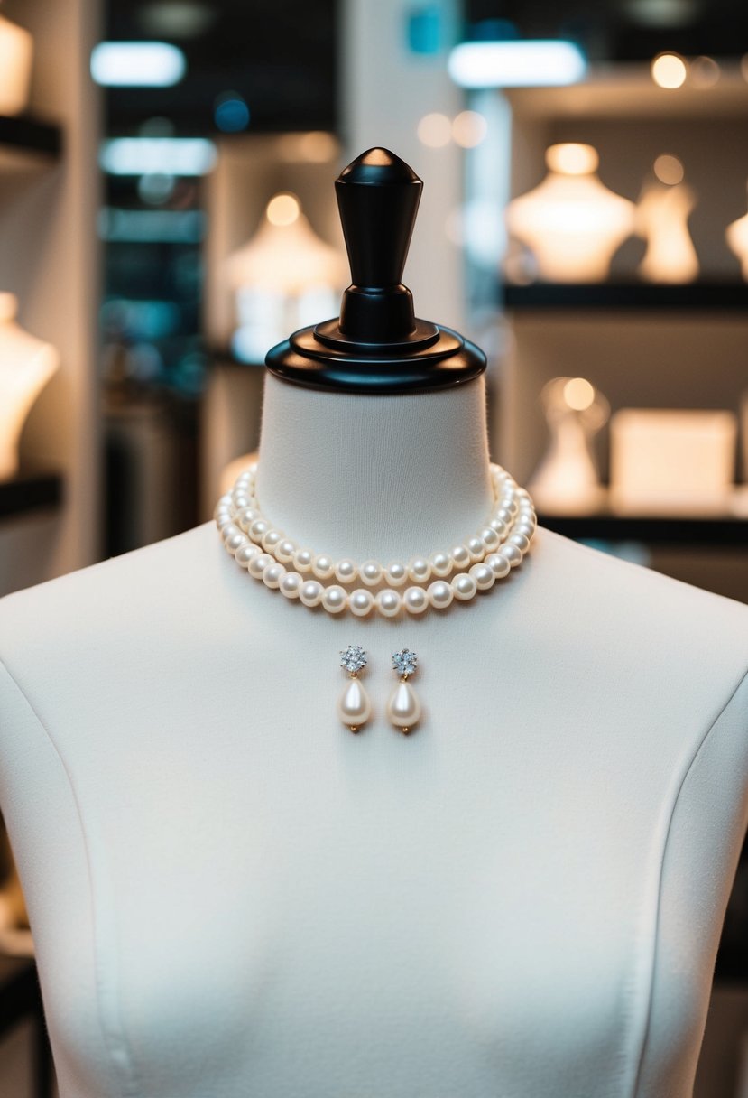 A high neck dress with minimalist pearl earrings on a display stand