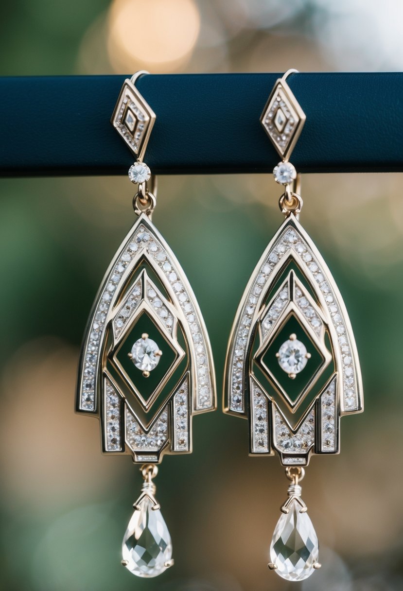 A pair of elegant teardrop wedding earrings with Art Deco-inspired design, featuring geometric patterns and intricate detailing