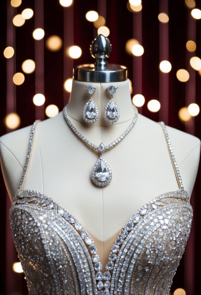 A diamond teardrop high neck dress with elegant wedding earrings displayed on a velvet backdrop