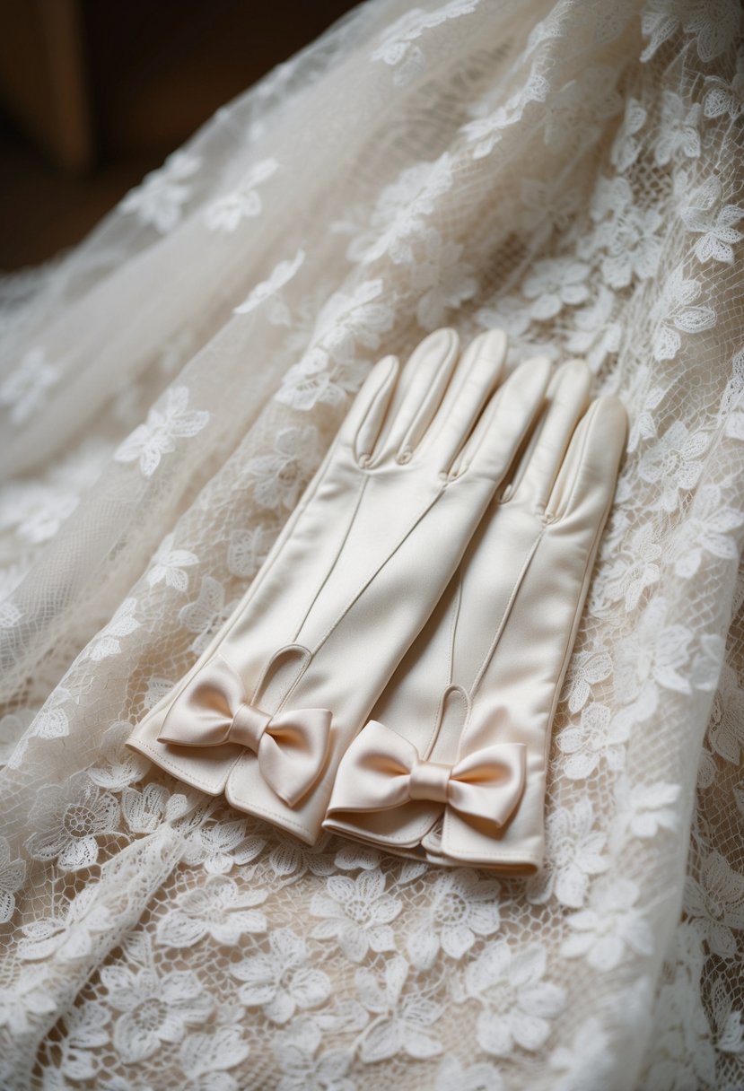 A pair of delicate, bow-detail gloves rests on a lace wedding dress, exuding a playful and feminine style