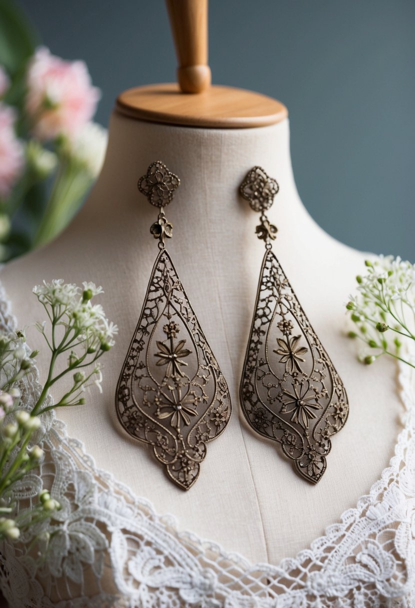 A pair of vintage-inspired filigree drop earrings displayed on a lace-covered high-neck dress, surrounded by delicate floral accents