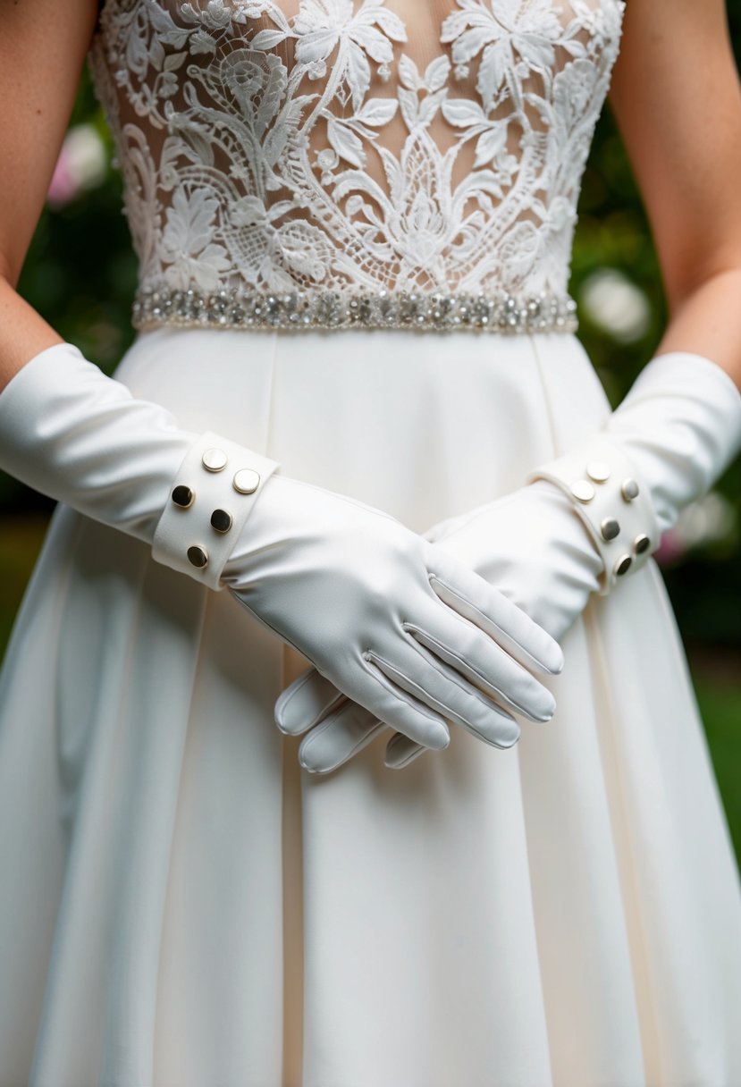 A pair of elegant white gloves adorned with modern metallic buttons, draped over a delicate lace wedding dress