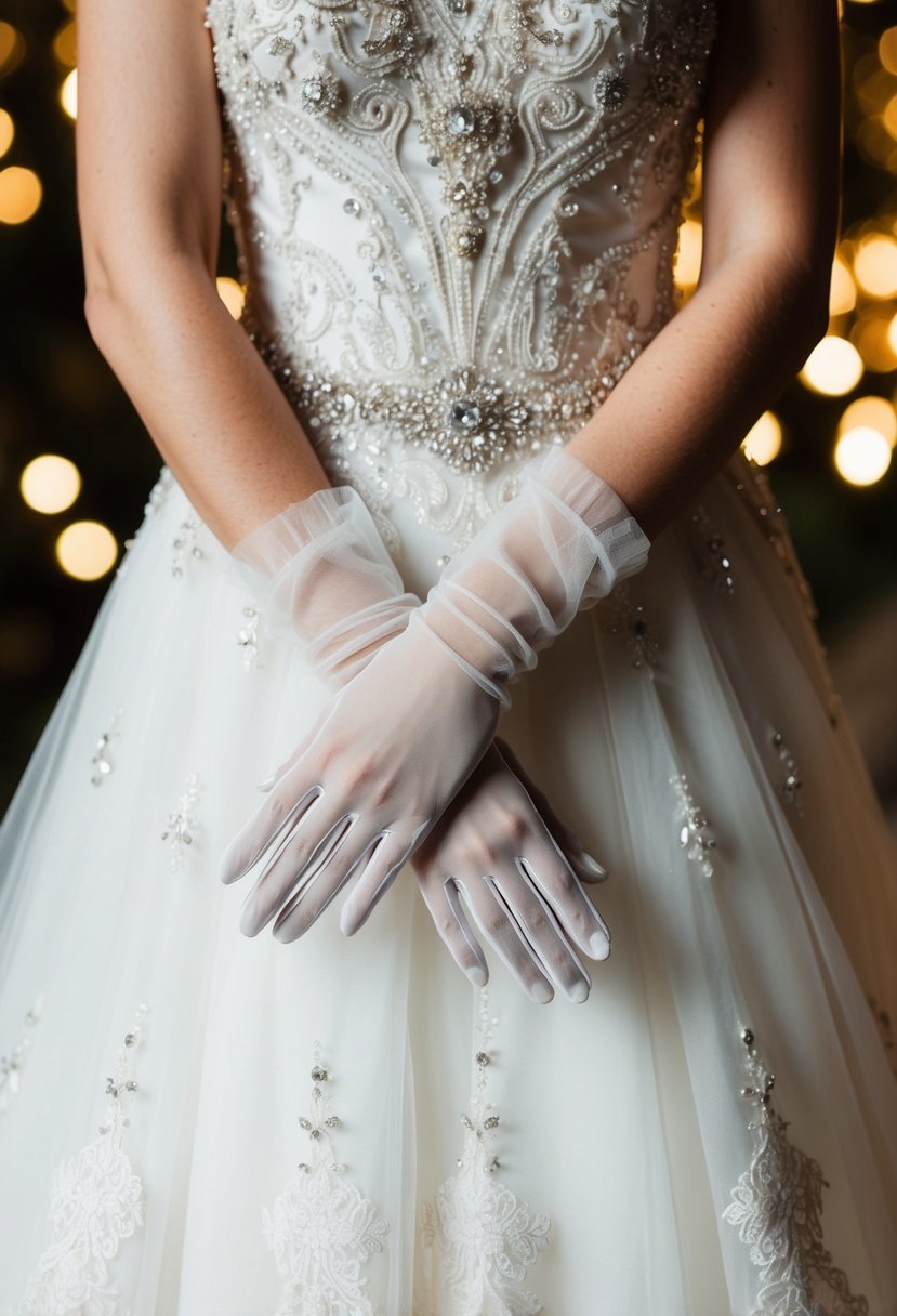 A pair of delicate tulle gloves draped over a whimsical wedding dress adorned with intricate lace and sparkling embellishments