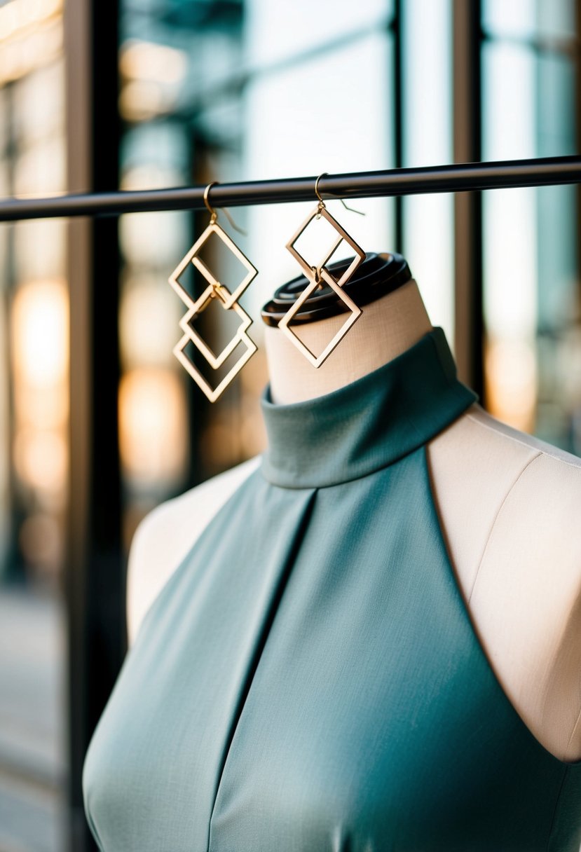 A sleek, high-necked dress with modern geometric earrings hanging from a stand