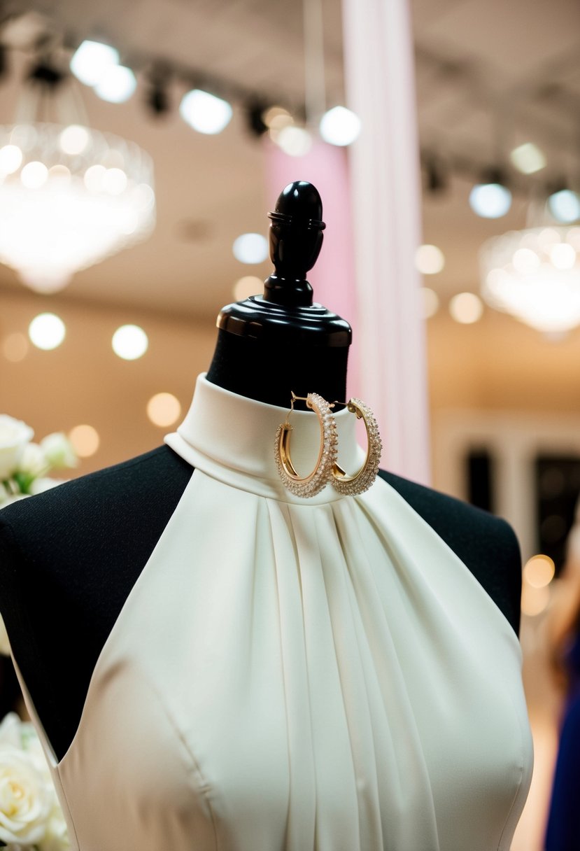 A chic and sleek high neck dress with elegant hoop earrings on a wedding display