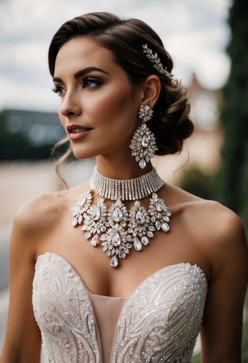 A high neck dress adorned with glamorous chandelier earrings, perfect for a wedding