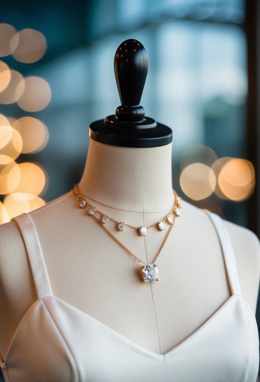 A high-neck dress hangs on a mannequin, adorned with classic solitaire diamond stud earrings