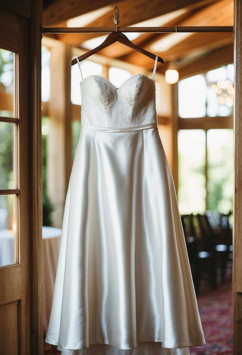 A flowing satin wedding dress hanging on a vintage wooden hanger