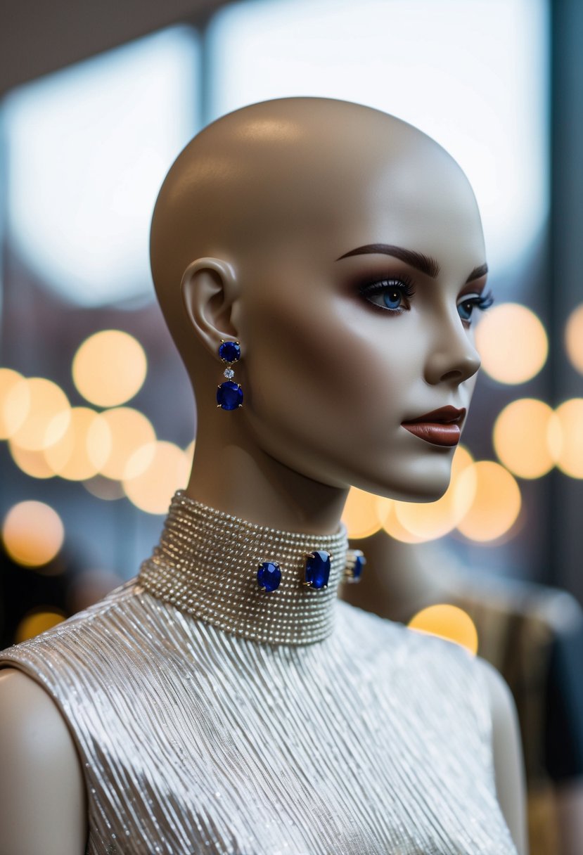 A mannequin wears a high-necked dress adorned with sophisticated sapphire studs, showcasing wedding earring ideas