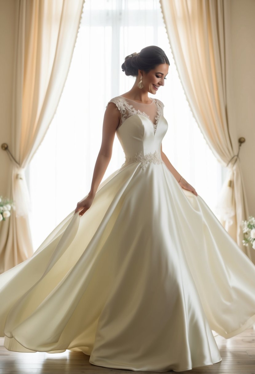 A bride twirls in a classic A-line satin wedding dress, with a flowing skirt and fitted bodice, surrounded by soft lighting and delicate lace details