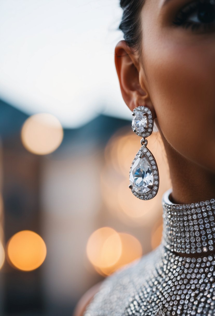 Sparkling cubic zirconia earrings on a high neck dress