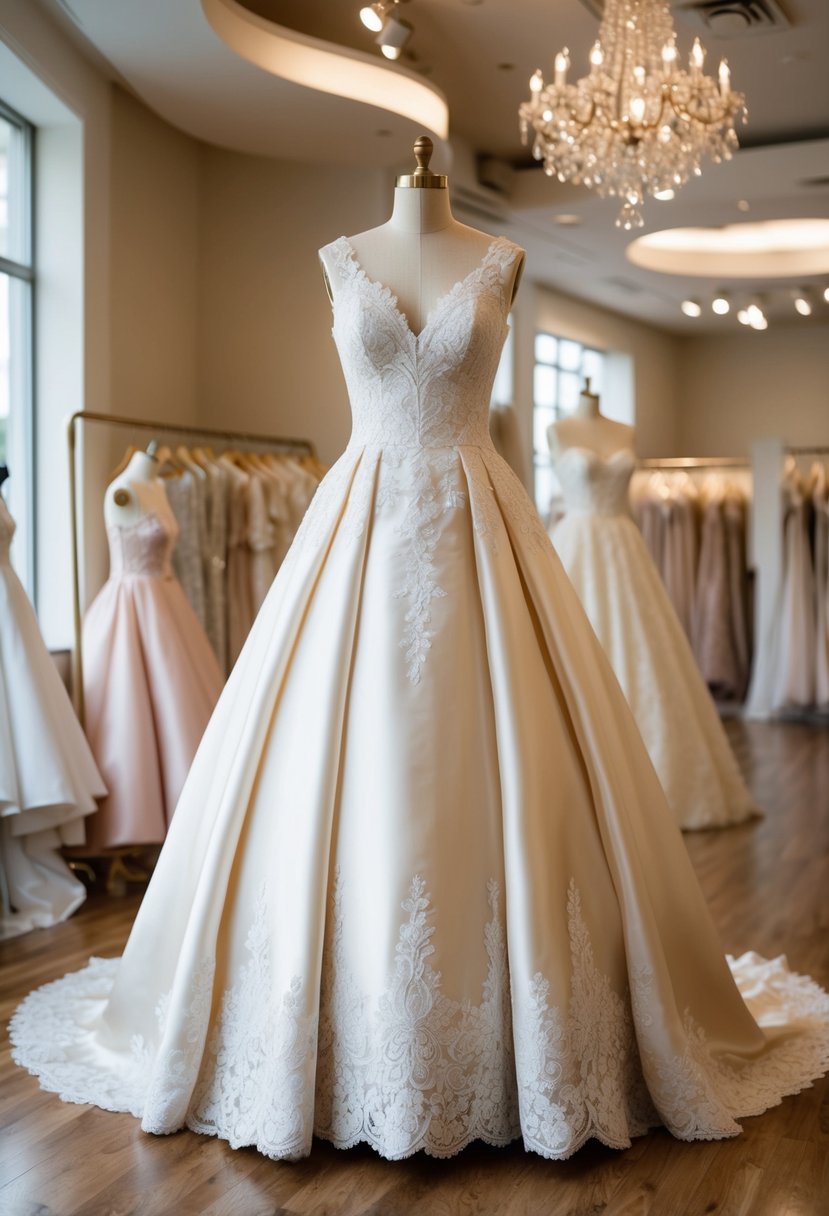 An elegant satin ball gown with lace applique hangs on a vintage-style mannequin in a softly lit bridal boutique